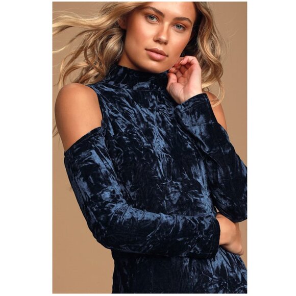 Lulu's A Little Crush Navy Blue Velvet Cold-Shoulder Bodycon Dress Size XS - Picture 12 of 12